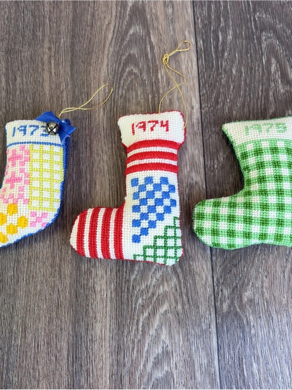 3 Vintage Handmade 1970's Cross Stitch Plush Christmas Stocking Ornaments